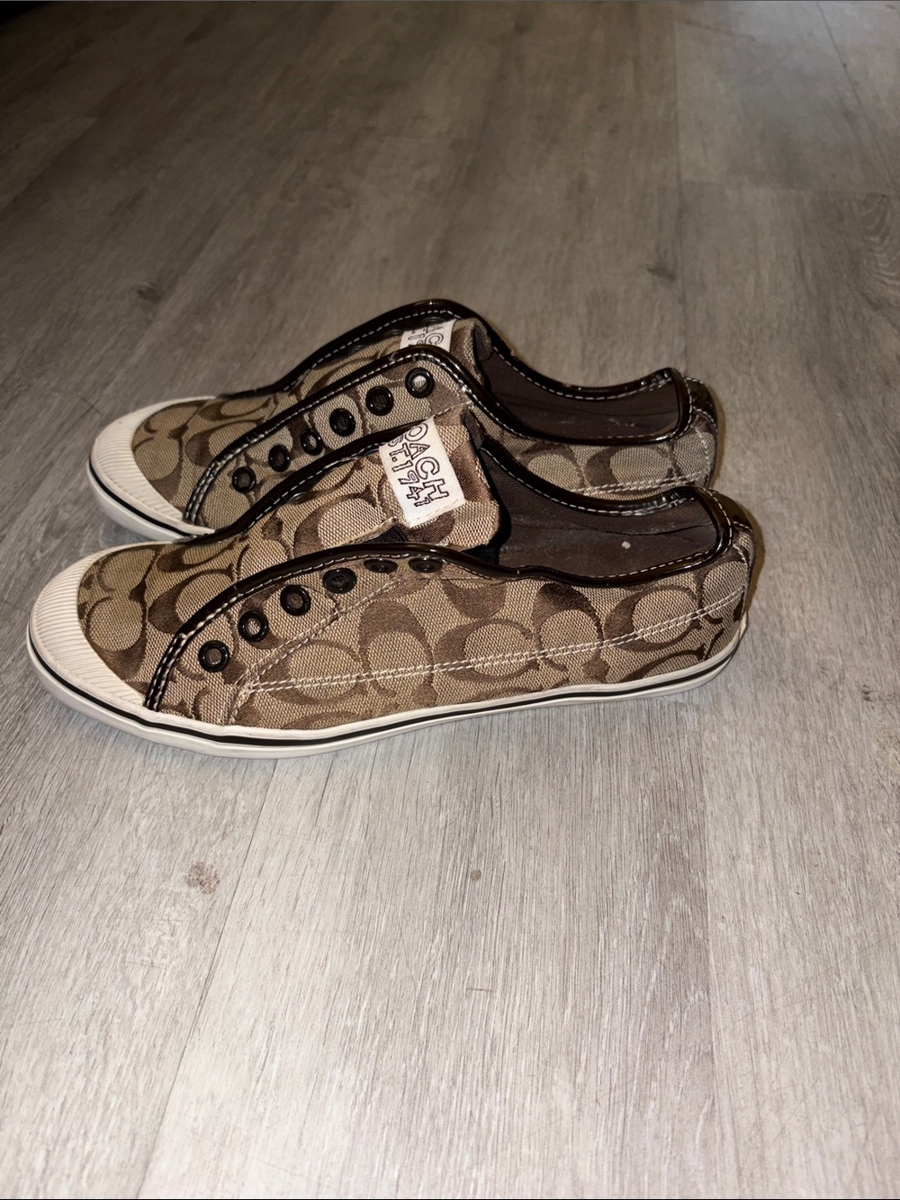 Coach Logo Slip-On Sneakers in Brown and Cream - Picture 3 of 5